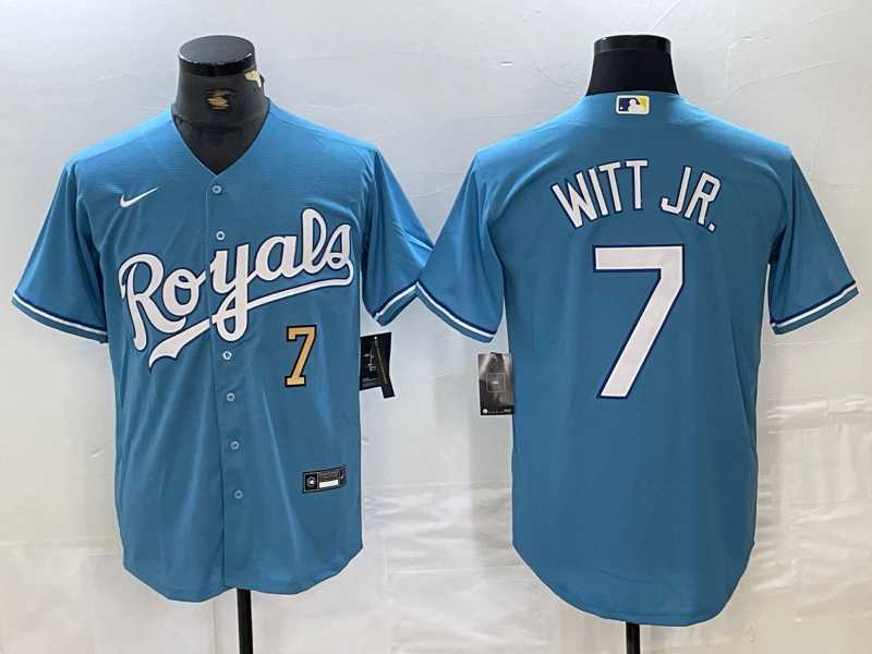 Mens Kansas City Royals #7 Bobby Witt Jr Number Light Blue Cool Base Stitched Jersey